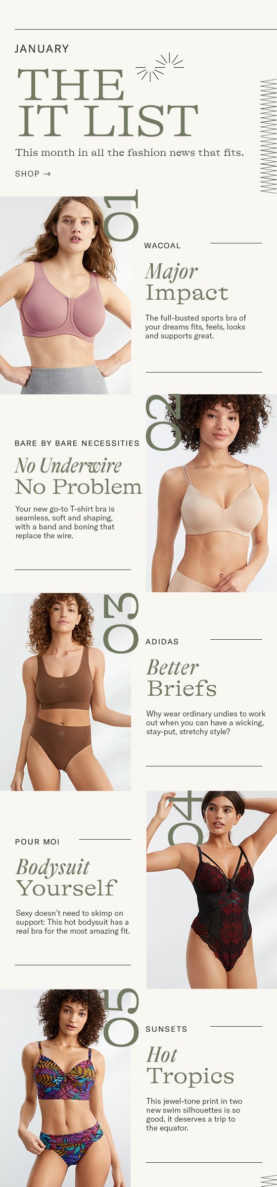 JANUARY THE " IT LIST This month in all the fashion news that fits. Qe J SHOP - WACOAL Major Impact The full-busted sports bra of your dreams fits, feels, looks and supports great. BARE BY BARE NECESSITIES No Underwire No Problem Your new go-to T-shirt bra is seamless, soft and shaping, with a band and boning that replace the wire. , DO Better Briefs Why wear ordinary undies to work out when you can have a wicking, stay-put, stretchy style? POUR MOI Bodysuit Yourself Sexy doesn't need to skimp on support: This hot bodysuit has a real bra for the most amazing fit. SUNSETS Hot Tropics This jewel-tone print in two new swim silhouettes is so good., it deserves a trip to the equator. 