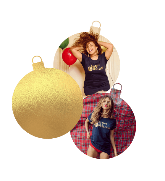 holiday ornaments showing the free Bare Nescessities sleepshirt with $70+ Order being modeled.