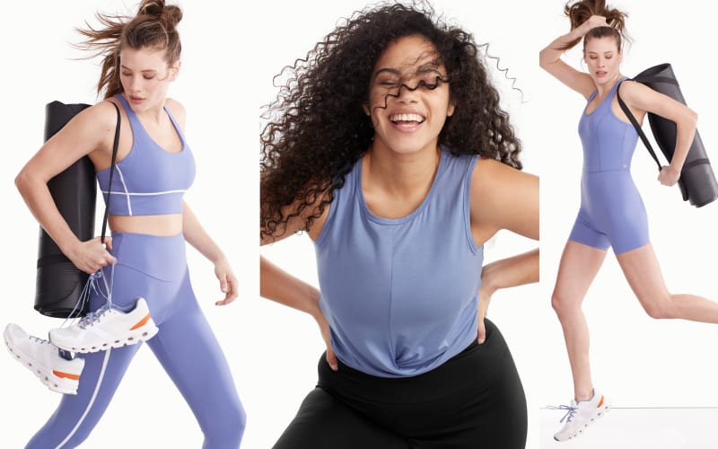 A dipdict of three women hapilly modeling activewear.